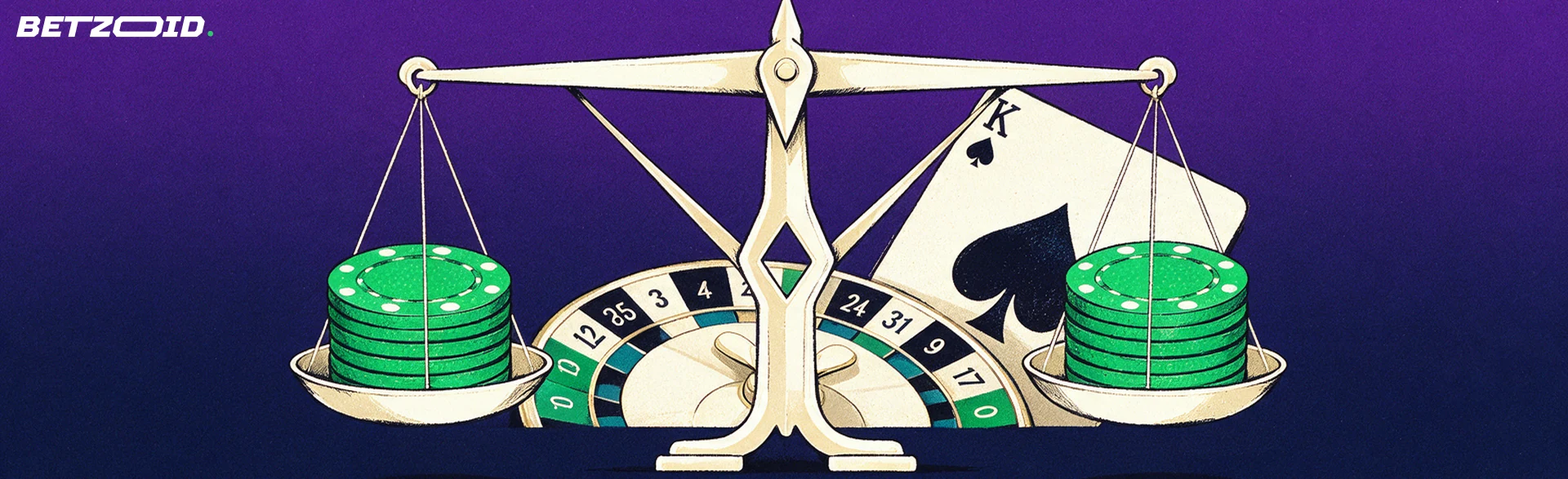 Illustration d'une balance en équilibre portant deux piles de jetons identiques, devant une roulette et une carte à jouer.