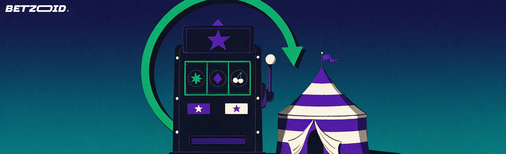 Illustration d'une machine à sous avec trois rouleaux, une flèche verte de rotation et une petite forme de chapiteau de cirque.