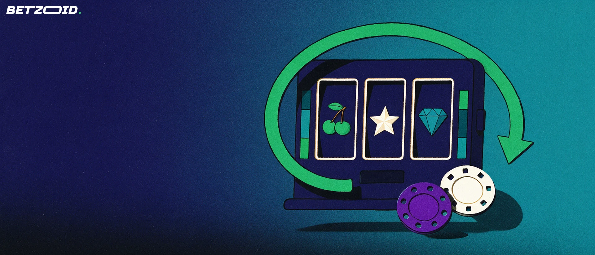 Illustration d'une machine à sous stylisée à trois rouleaux entourée d'une flèche circulaire verte, avec deux jetons de casino posés devant.