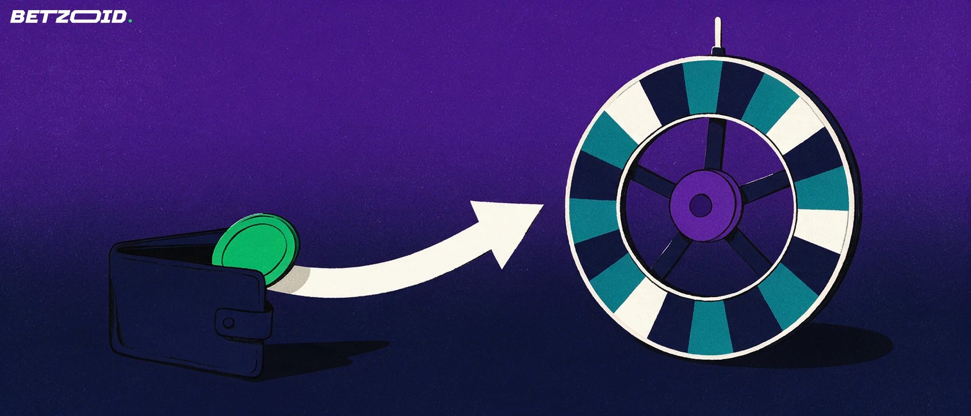 Illustration d'un portefeuille libérant un jeton vert qui suit une flèche vers une roue de roulette dressée.