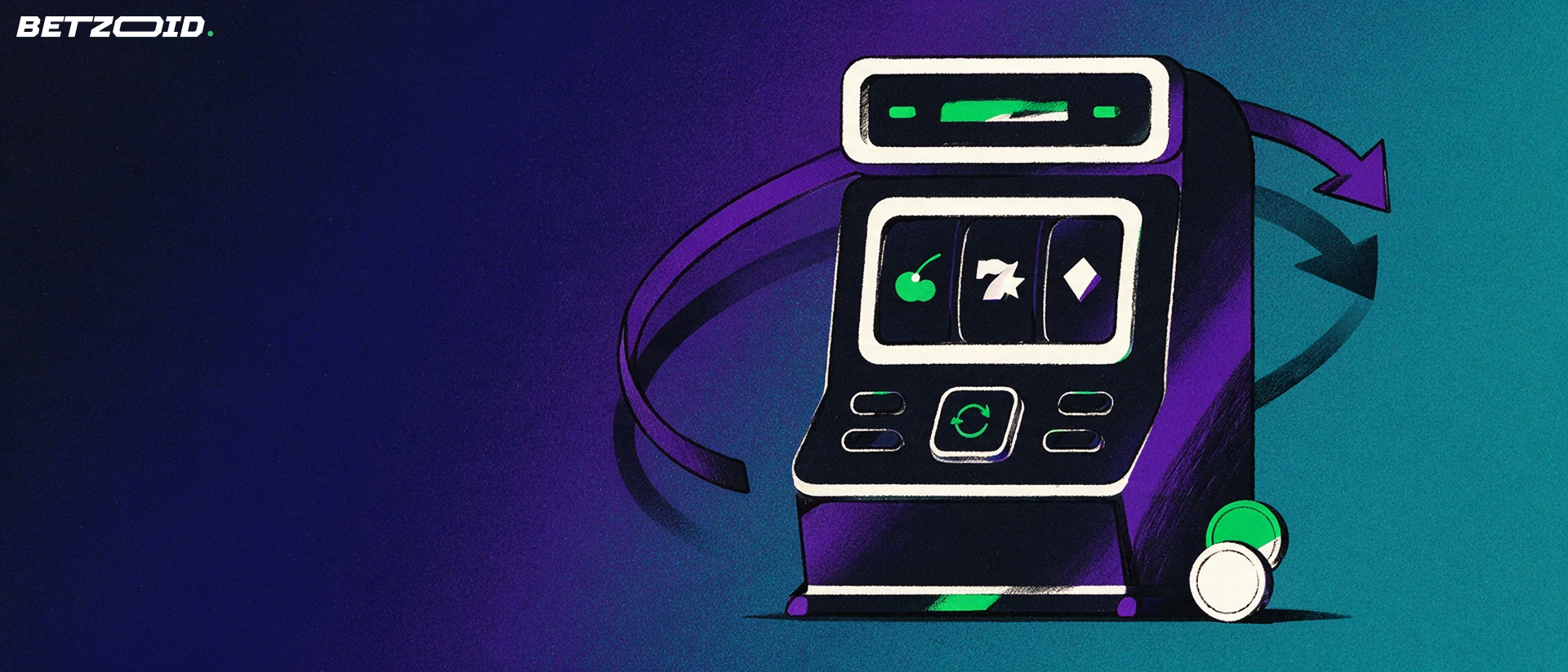 Illustration d'une machine à sous avec trois rouleaux et une flèche circulaire de rotation, à côté de deux jetons de bonus.