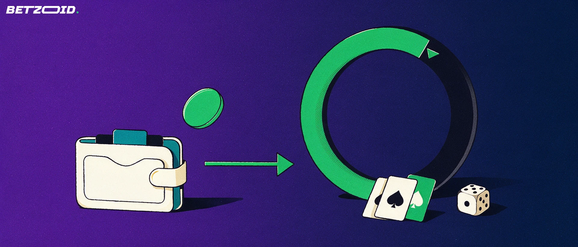 Illustration d'un portefeuille dont un jeton suit une flèche vers un cadran circulaire de progression, avec des cartes et un dé.