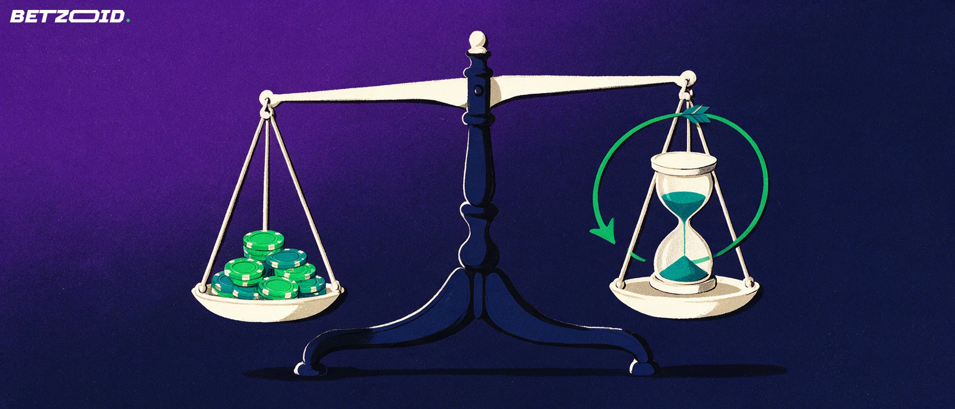 Illustration d'une balance comparant une pile de jetons de casino et un sablier entouré d'une flèche circulaire.