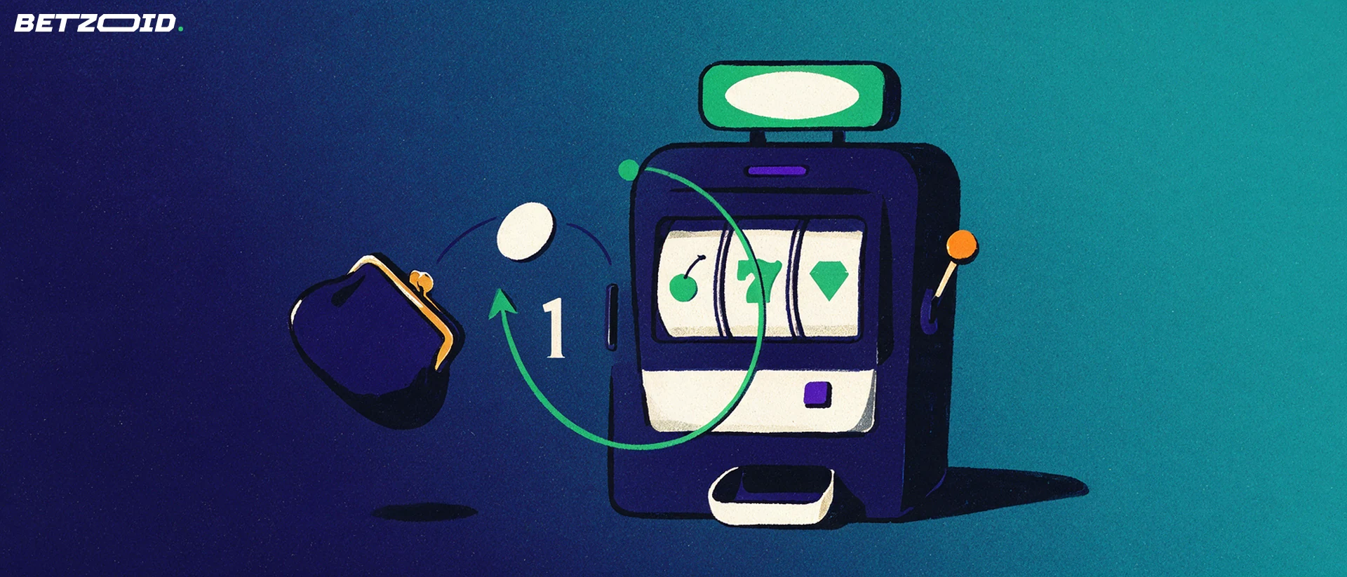Illustration d'une machine à sous recevant un jeton depuis un porte-monnaie, avec une flèche circulaire de tour gratuit.