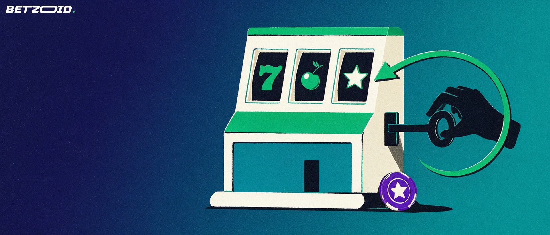 Illustration d'une machine à sous dont le levier en forme de clé est tourné pour activer un bonus, avec une flèche courbe et un jeton de casino.