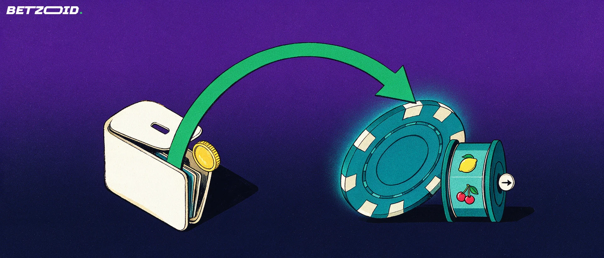 Illustration d'un portefeuille libérant une pièce, reliée par une flèche à un jeton de casino et à un rouleau de machine à sous.