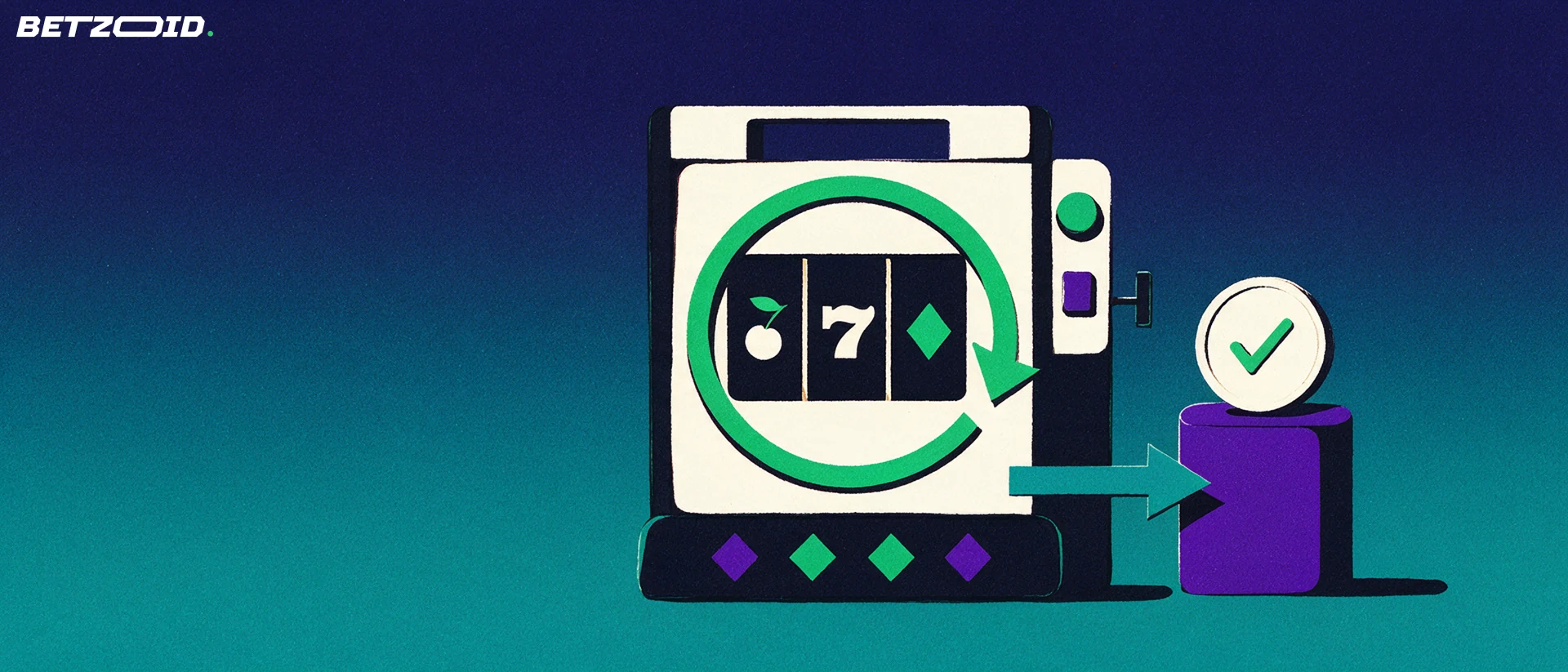 Illustration d'une machine à sous avec une flèche circulaire de relance et un jeton de bonus posé à côté.