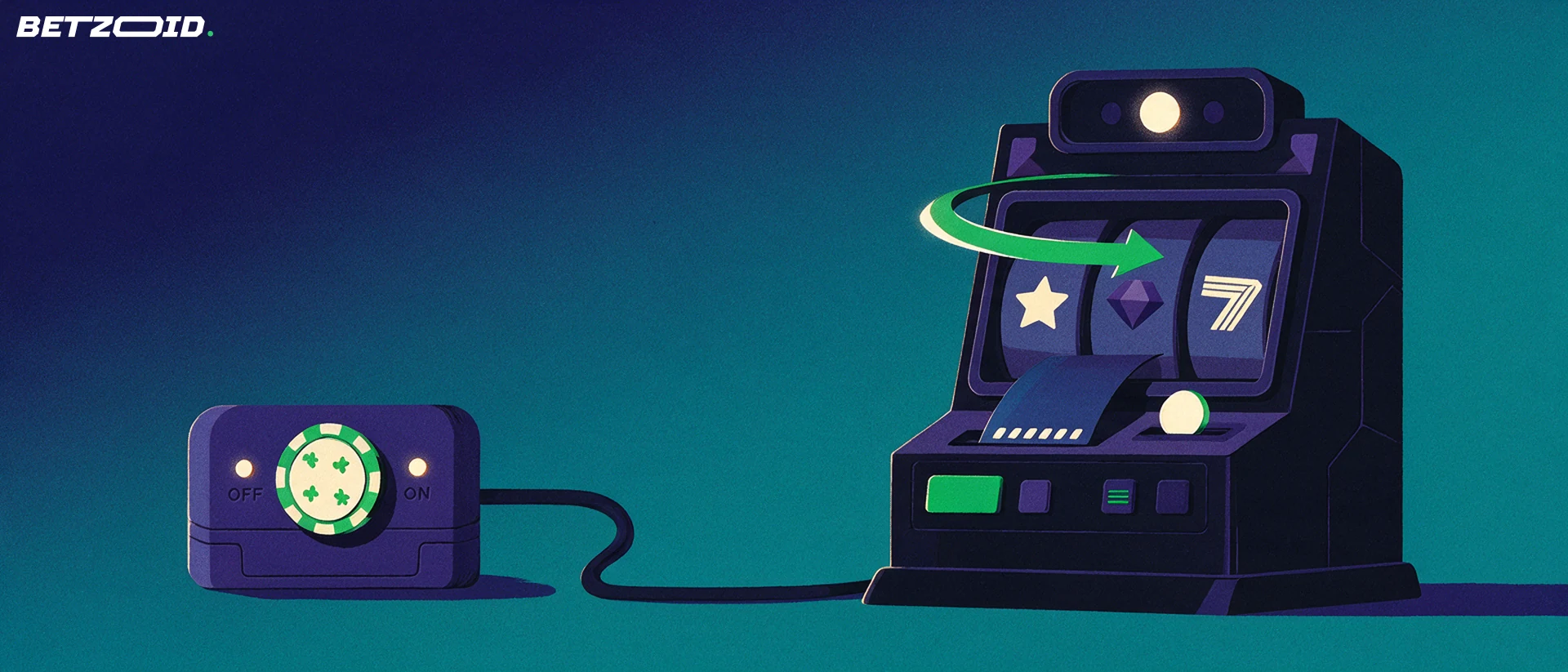 Illustration d'une machine à sous à trois rouleaux reliée à un interrupteur en forme de jeton, avec une flèche de rotation et une carte glissée dans la fente de dépôt.