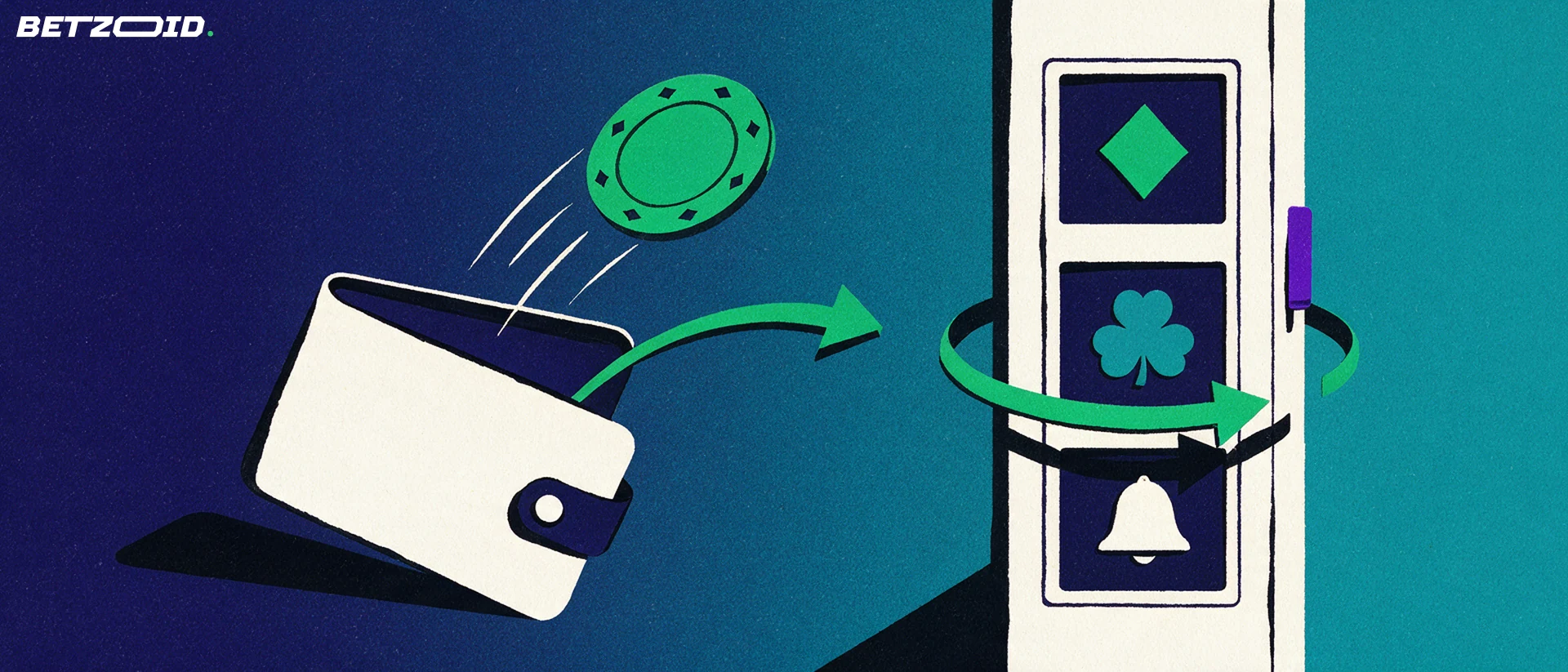 Illustrazione di un portafoglio aperto con una fiches che segue una freccia curva verso una slot machine a tre rulli con freccia di rotazione.