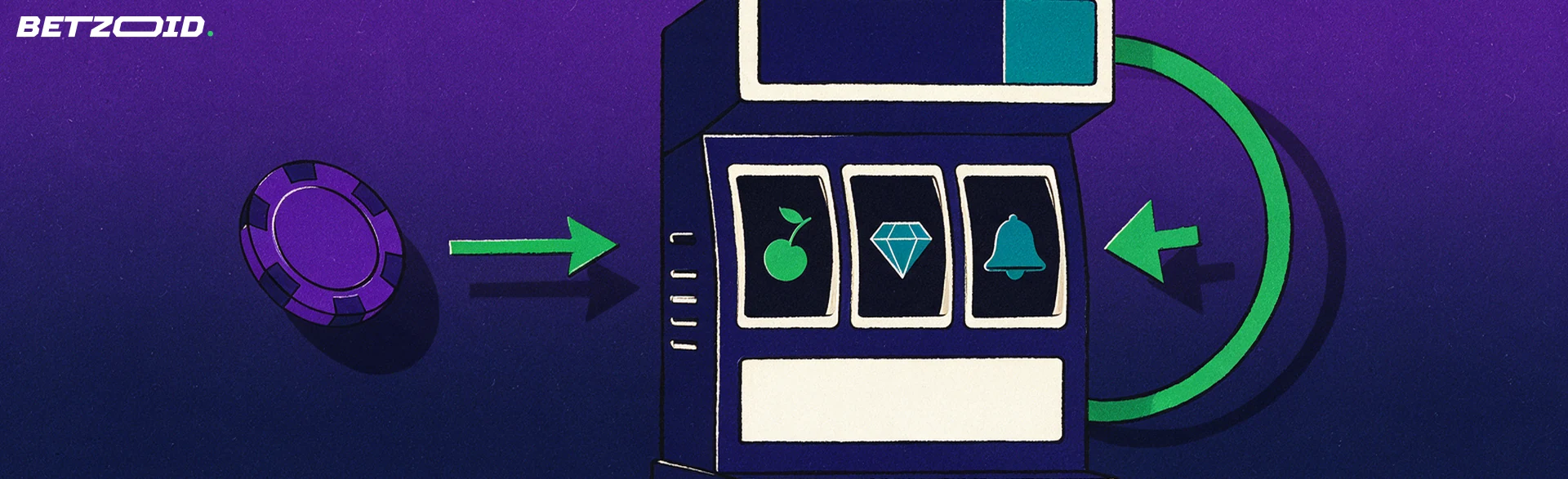 Illustrazione di una slot machine a tre rulli con una grande freccia circolare verde che indica i giri e un gettone viola collegato da una freccia.