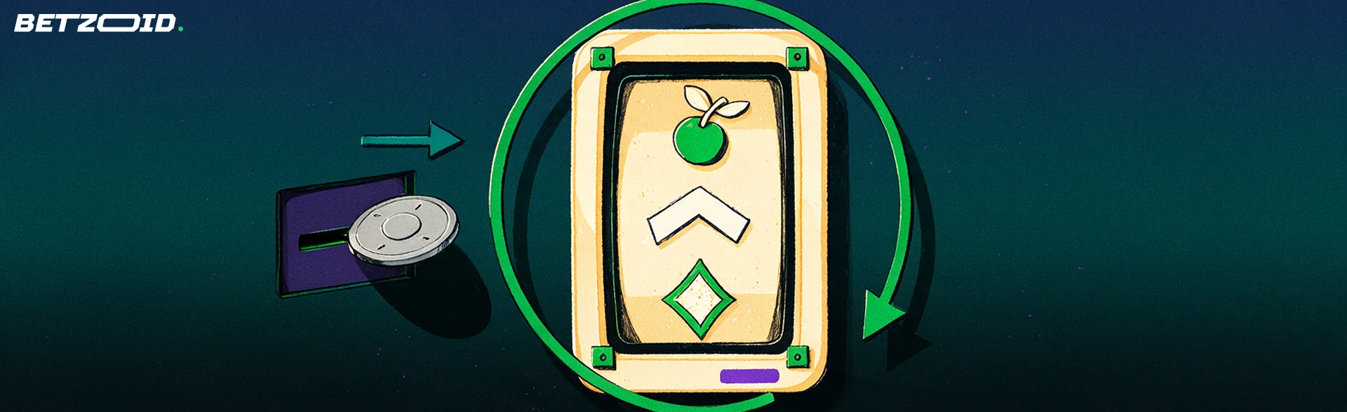 Illustrazione di un rullo di slot machine con freccia circolare che indica i giri e una moneta inserita in una fessura di deposito