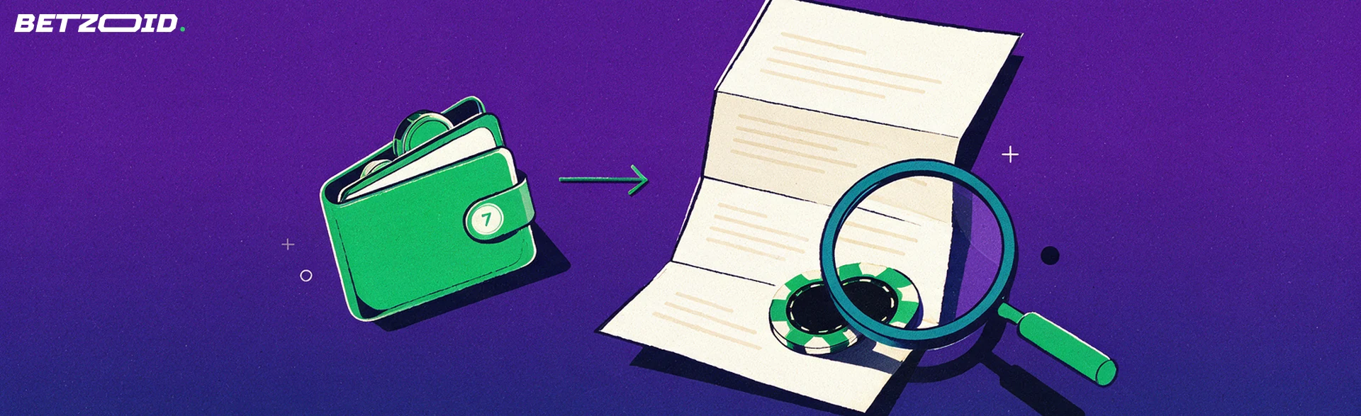 Illustrazione di una lente d'ingrandimento che esamina un documento con condizioni e una fiche da casinò, accanto a un portafoglio con moneta