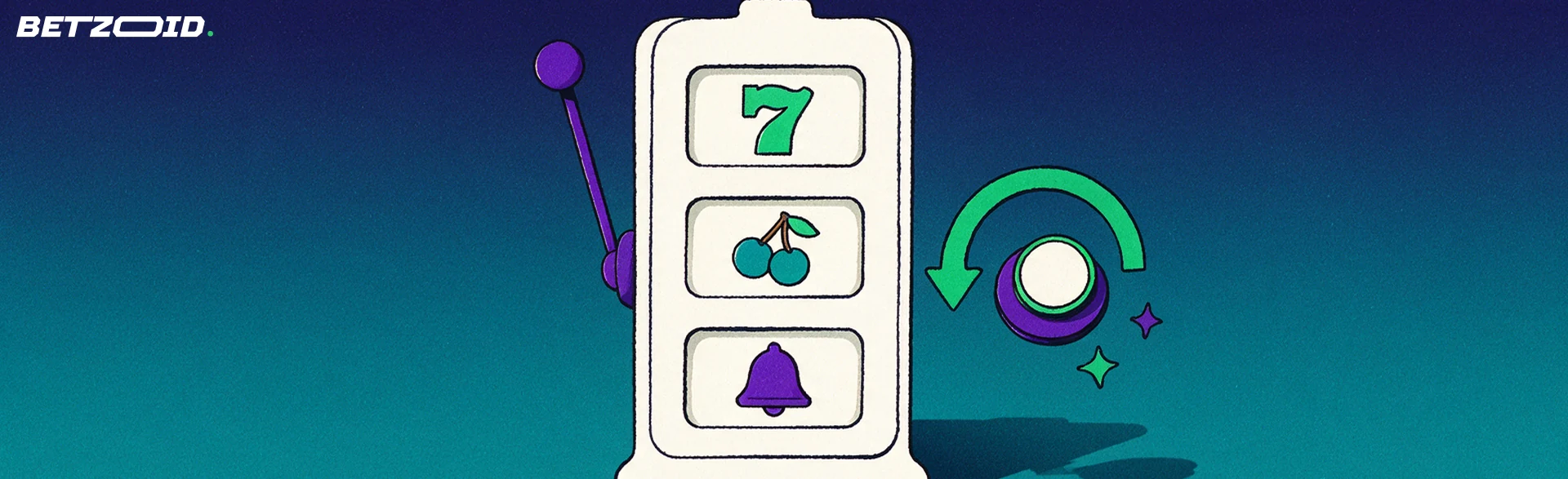 Illustrazione di un rullo di slot machine con simboli semplici, leva laterale e freccia circolare verde che indica i giri gratis.