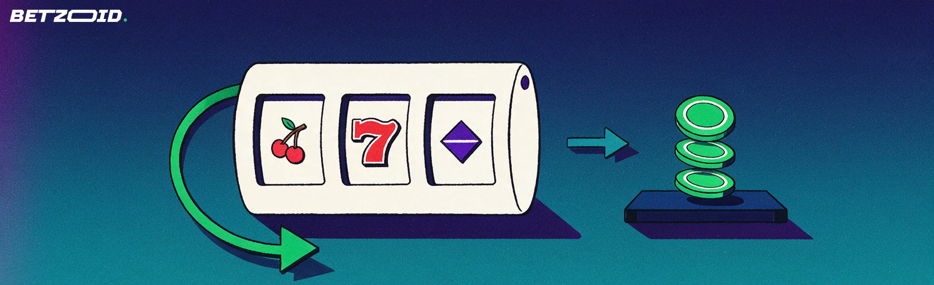 Illustrazione di un rullo di slot machine con freccia circolare di rotazione collegata a una pila di fiches, a rappresentare i requisiti di puntata di un bonus casinò.