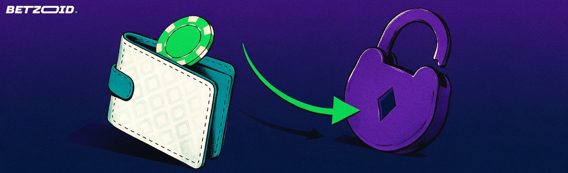 Illustrazione di un portafoglio con una fiche da casinò e una freccia verde diretta verso un lucchetto con serratura a forma di seme di quadri che inizia ad aprirsi.