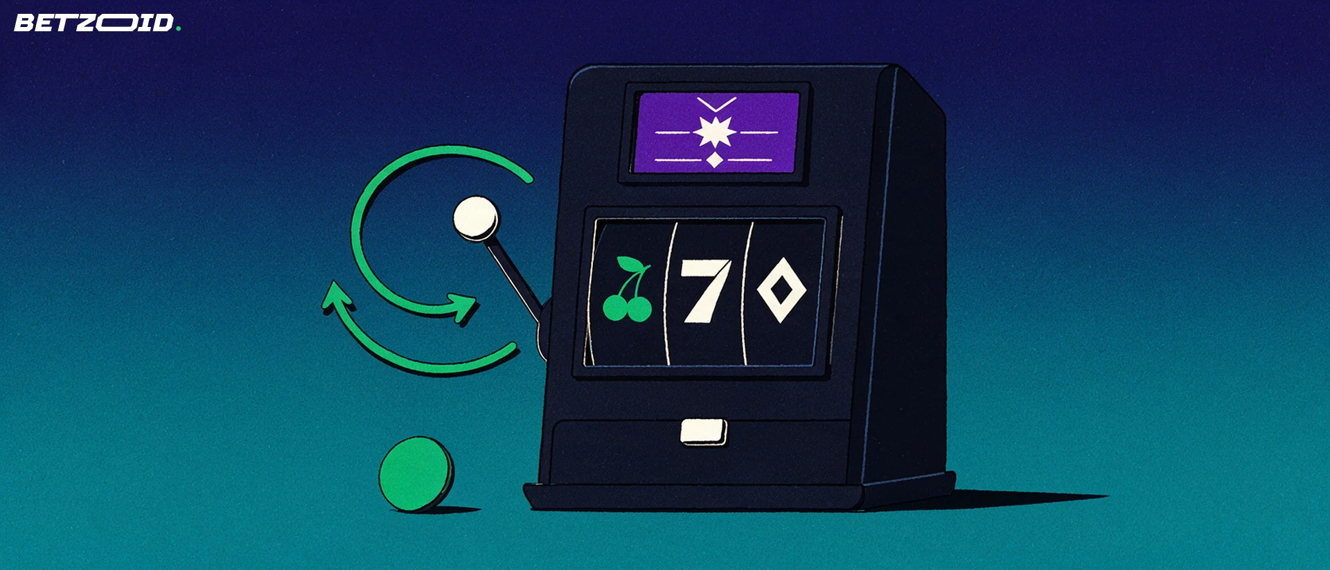 Illustrazione di una slot machine con tre rulli e simboli da casinò, con una grande freccia circolare che indica i giri gratis