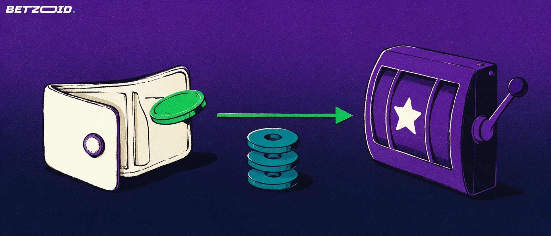 Illustrazione di un portafoglio da cui esce un gettone verde che segue una freccia verso un rullo da slot, con anelli che rappresentano le condizioni