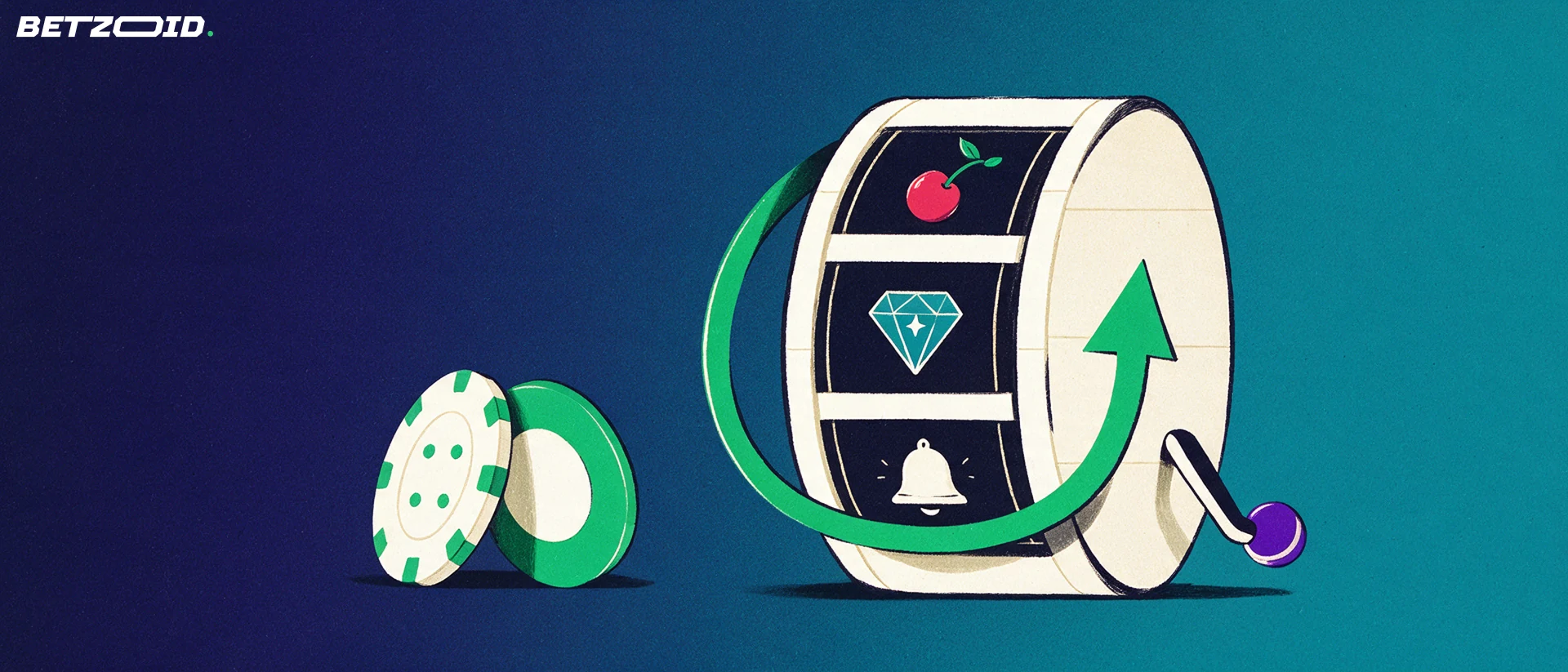 Illustrazione di un tamburo di slot a tre rulli con simboli semplici e una grande freccia circolare verde che indica i giri.