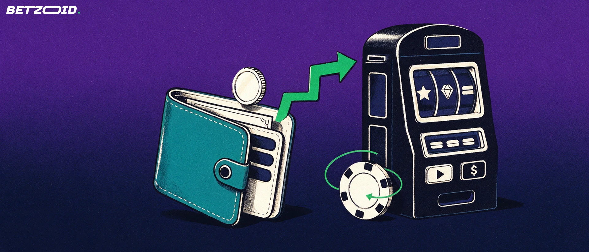 Illustrazione di un portafoglio con un gettone che sale lungo una freccia a gradini verso la fessura di una cabina da casinò con piccoli rulli.
