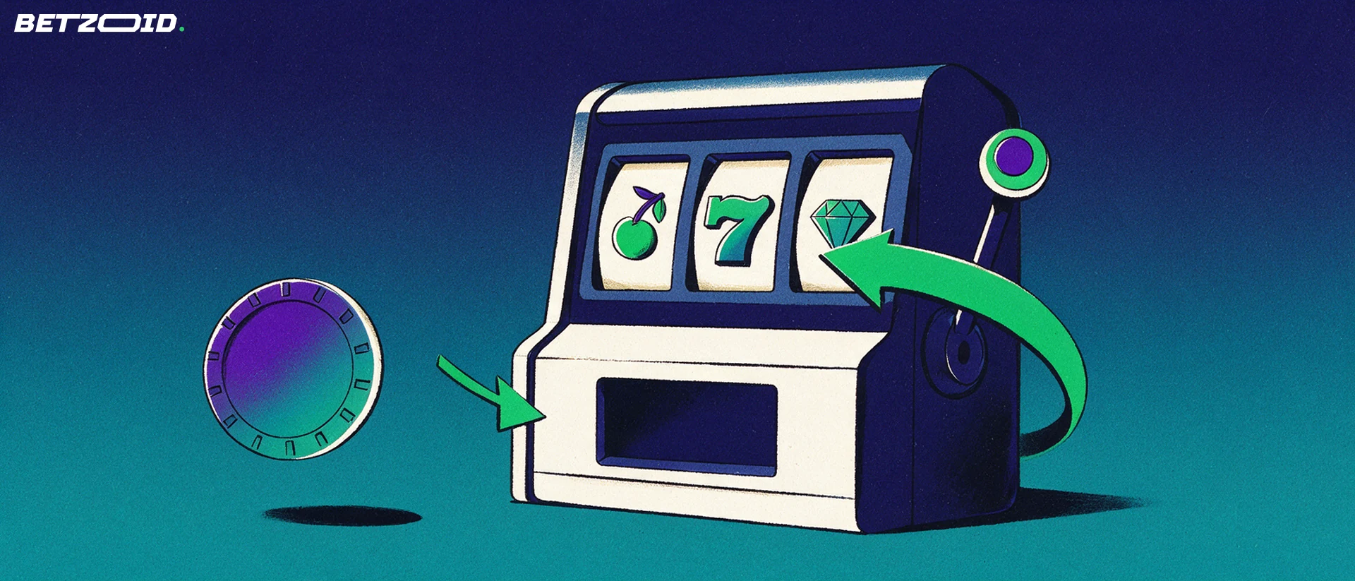 Illustrazione di una slot machine con rulli e leva, una freccia verde che indica il giro e un gettone da gioco accanto