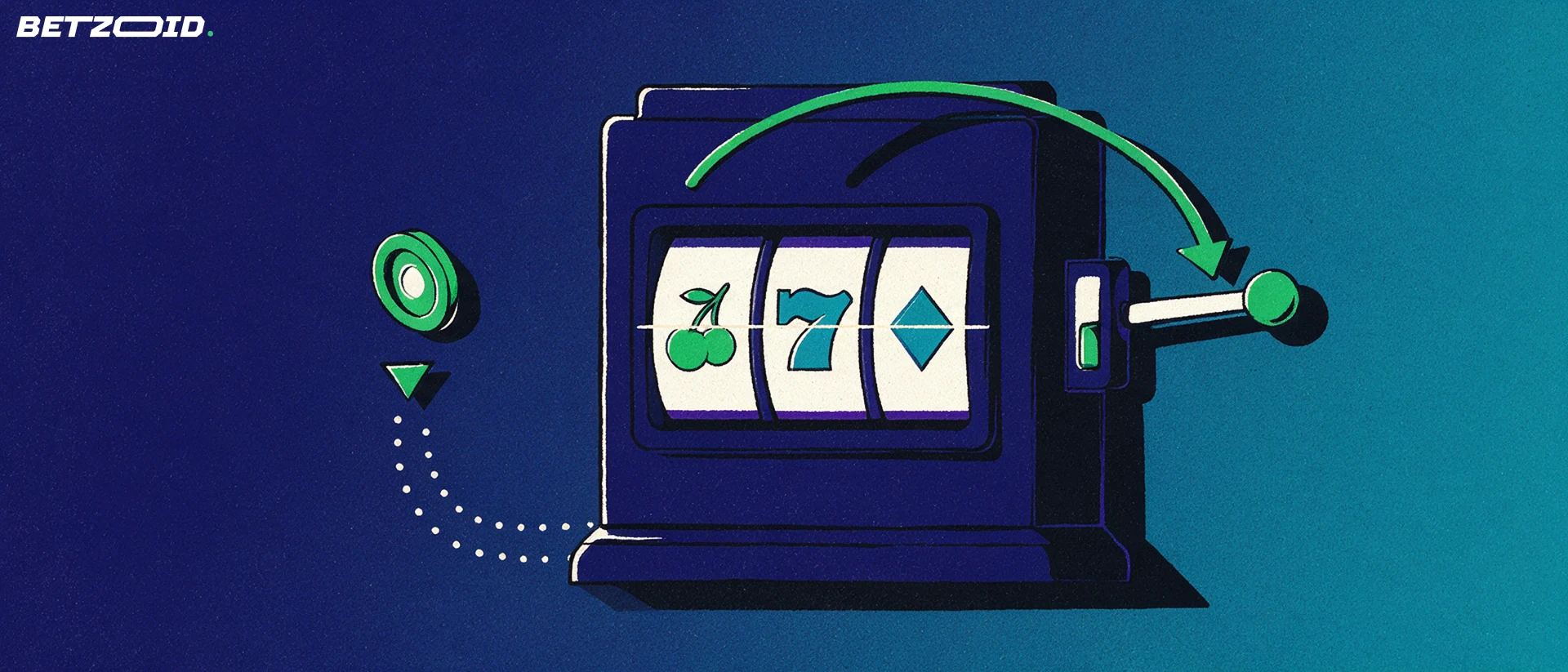 Illustrazione di una slot machine con tre simboli sui rulli, leva laterale e freccia curva che indica il giro gratuito, accanto a un gettone.