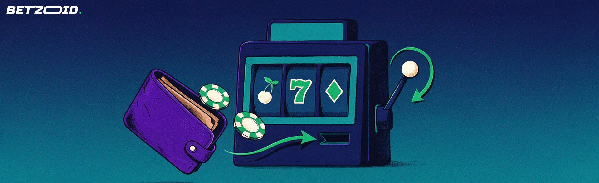 Illustrazione di un portafoglio che invia due fiche in una slot machine a tre rulli, con freccia di ricarica e freccia di rotazione
