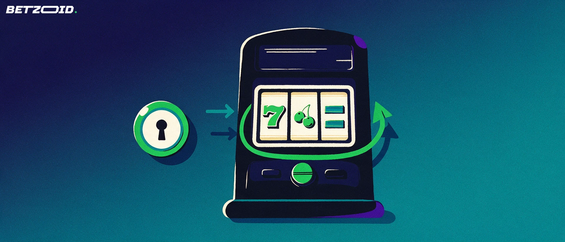 Illustrazione di una slot machine con tre rulli, una freccia circolare che indica un giro e un gettone con serratura accanto.
