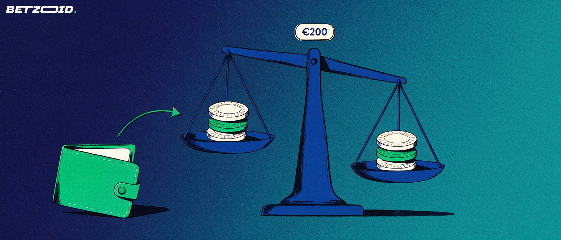 Illustrazione di una bilancia con due pile identiche di fiches da casinò e un portafoglio con freccia di deposito, accanto a un'etichetta con l'importo 200 euro.