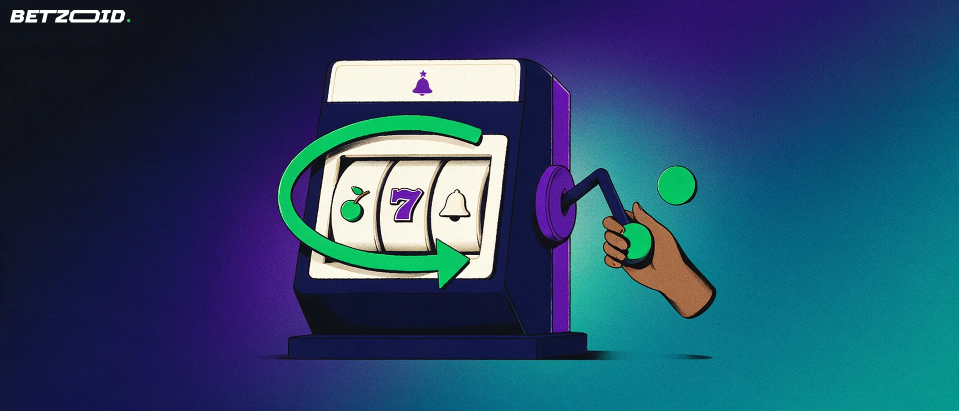 Illustrazione di una slot machine con tre rulli e una freccia curva che indica la giocata gratuita