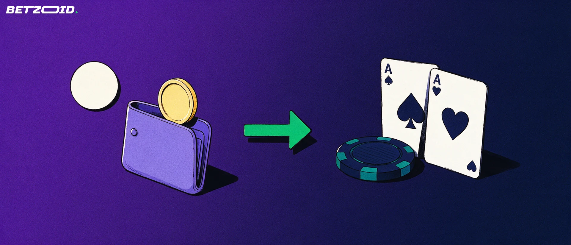 Illustrazione di un portafoglio con una moneta, una freccia e una fiche da casinò con due carte da gioco