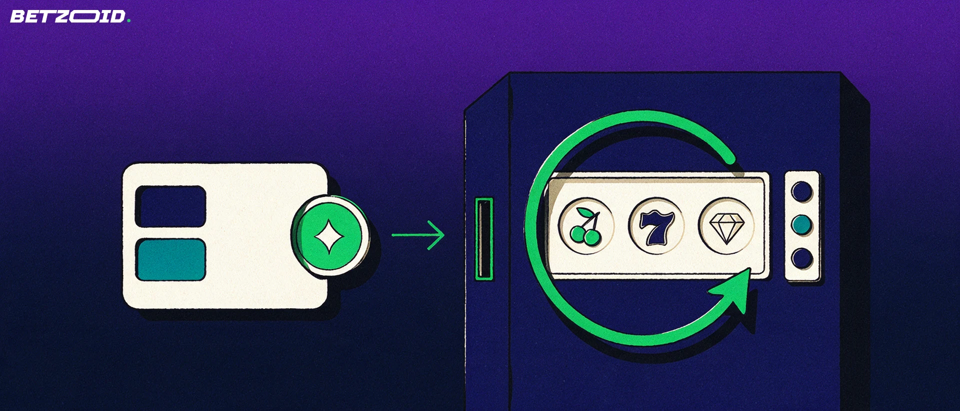 Illustrazione di una slot machine con tre simboli sui rulli, una grande freccia circolare verde che indica il giro e un portafoglio che inserisce un gettone nella fessura.