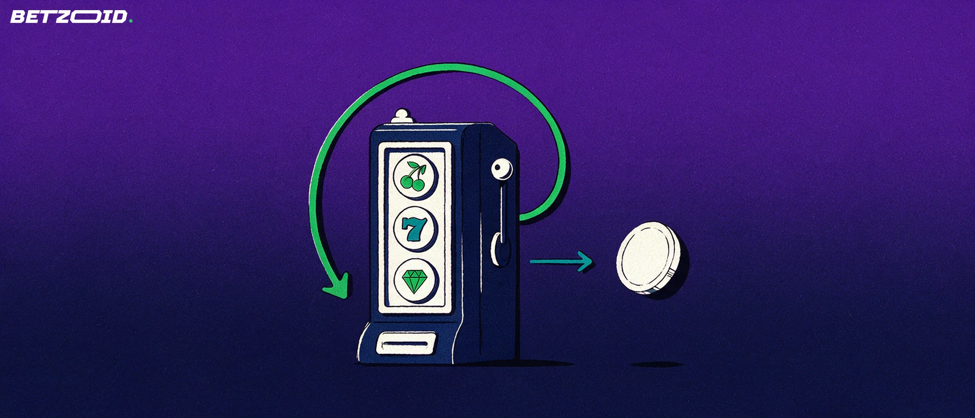 Illustrazione di una slot machine con tre rulli, una freccia curva che indica la rotazione e un gettone collegato ai rulli.
