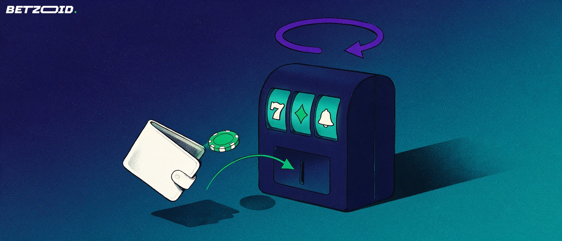 Illustrazione di un portafoglio che invia una fiche verde nella fessura di una slot machine con tre rulli e una freccia circolare di rotazione.