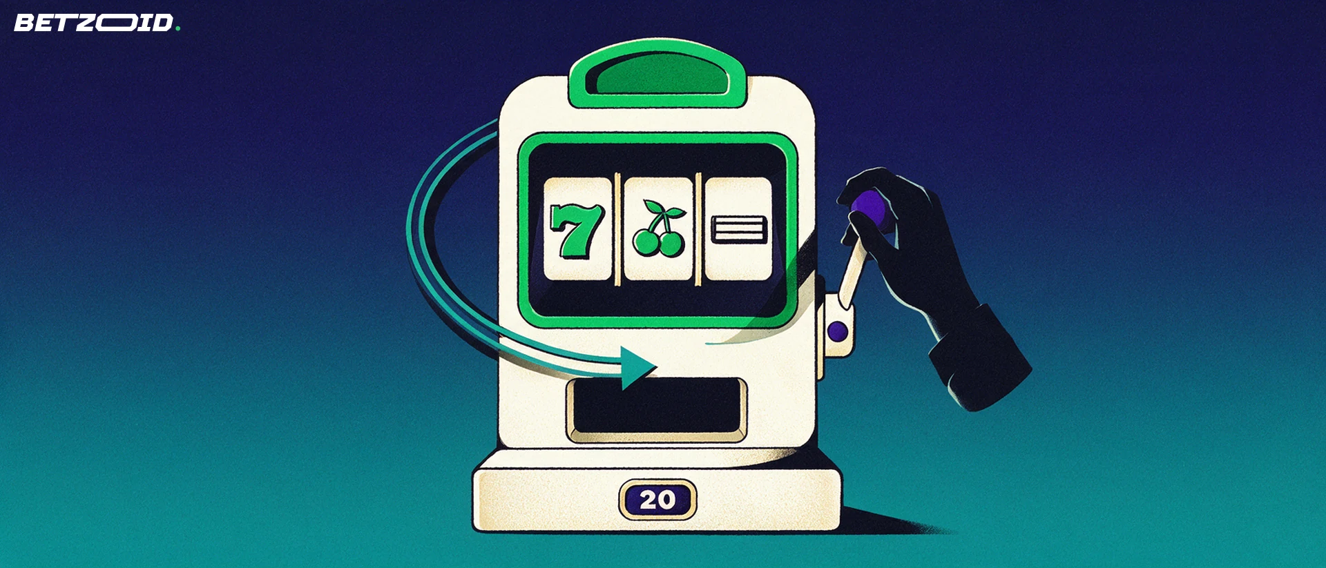 Illustrazione di una slot machine con tre rulli, una leva tirata da una mano e una freccia circolare che indica il giro.