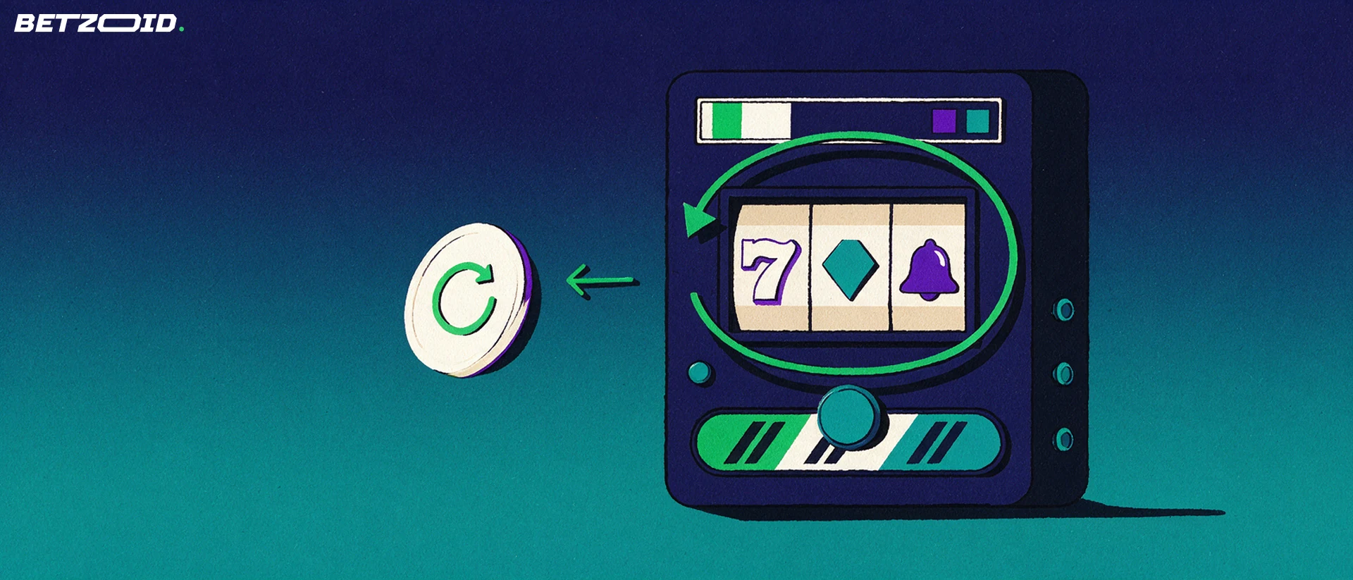 Illustrazione di una slot machine con rulli e una freccia circolare che indica i giri gratuiti del bonus casinò