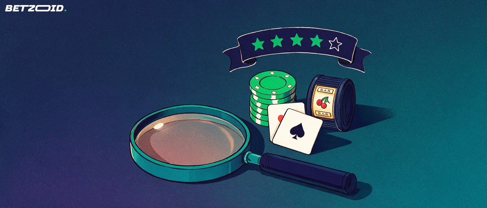 Illustration einer grossen Lupe über Casino-Chips, Spielkarten und einer Walze, darüber eine Reihe von fünf Sternen.