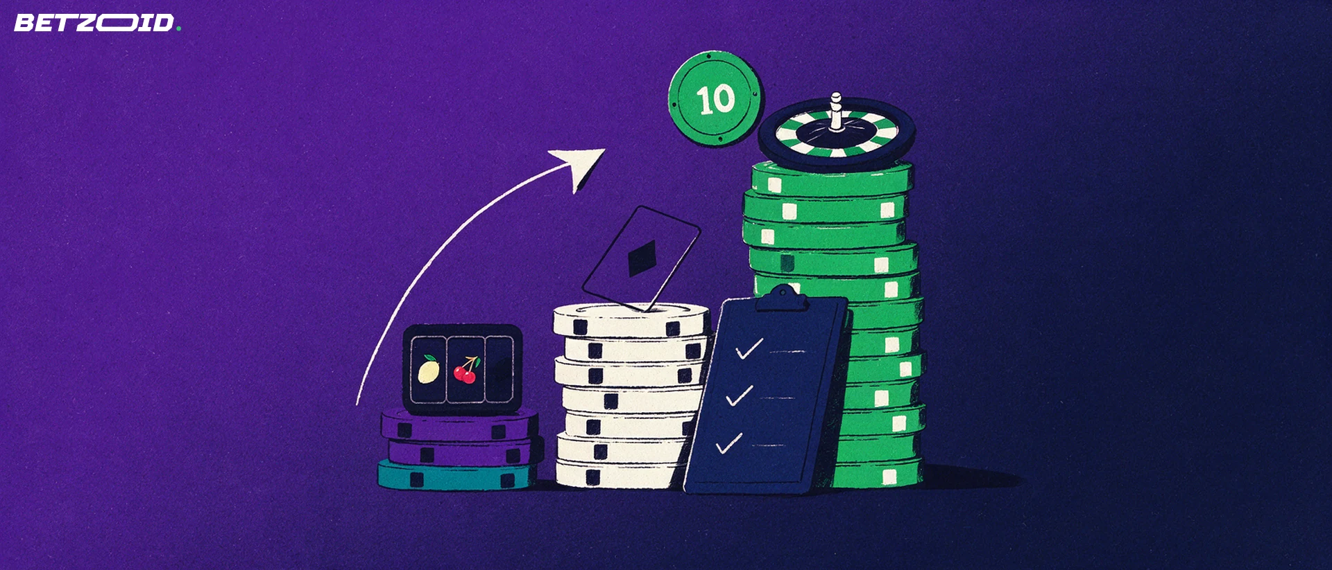 Illustration von drei unterschiedlich hohen Chipstapeln mit Spielsymbolen, einem Klemmbrett mit Häkchen und einem Abzeichen mit der Zahl 10.