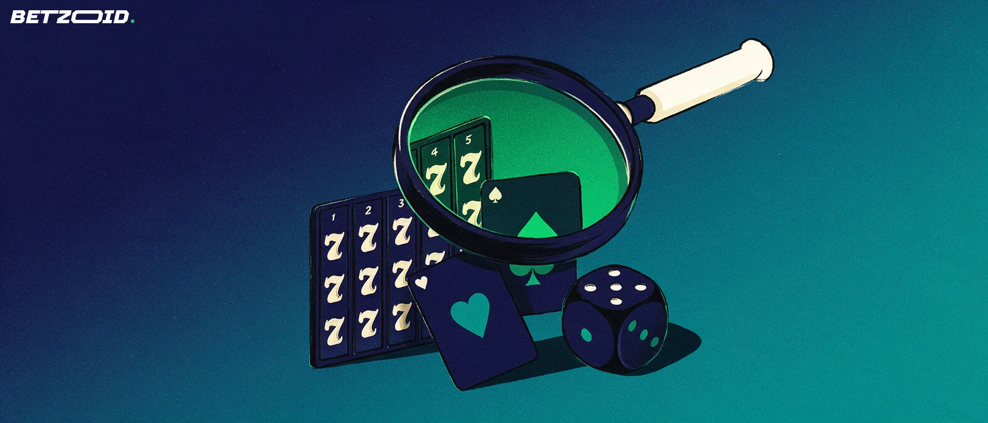 Illustration of a magnifying glass inspecting a slot reel strip, playing cards and a die on a navy background.