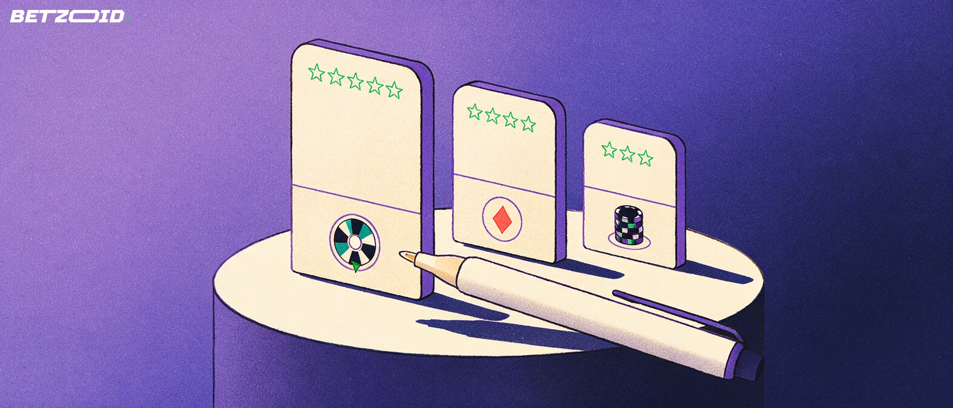 Illustration of three ranked review panels with star rows and casino symbols beside a large marker pen.
