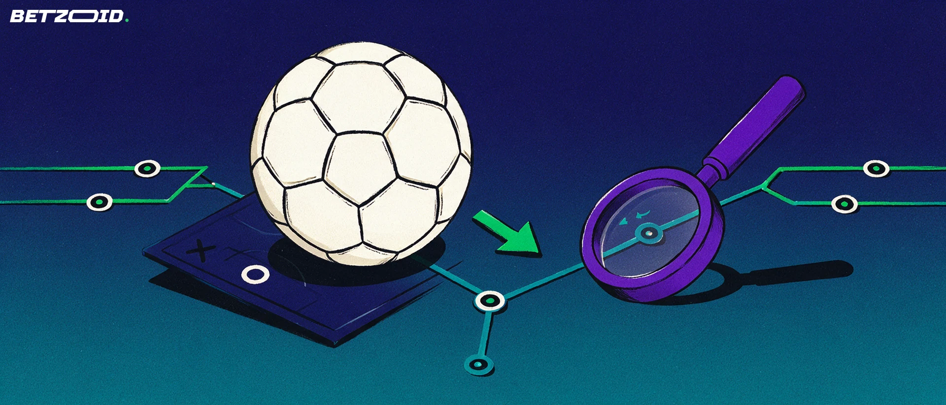 Ilustração de uma bola de futebol sobre prancheta tática com chaves de eliminatórias e lupa analisando um dos confrontos.