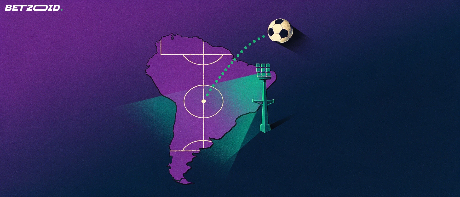 Ilustração do continente sul-americano desenhado como campo de futebol, com bola descrevendo uma curva no ar e um refletor de estádio ao lado.