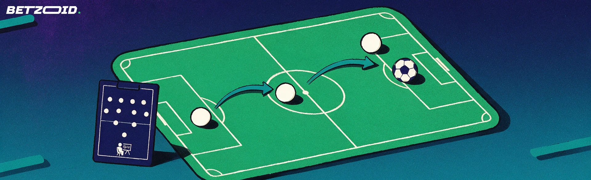 Illustration eines vereinfachten Fußballfeldes von oben mit Spielermarkierungen, Ball, Pfeilen für einen Spielzug und einem Taktikbrett.