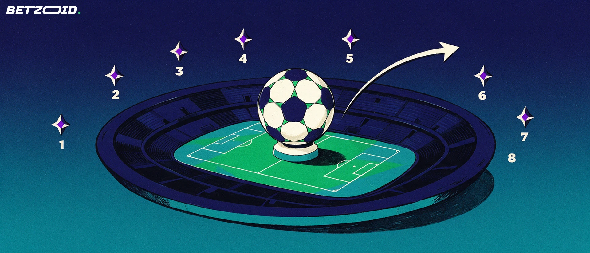 Ilustração de um estádio de futebol visto de cima com uma bola grande no gramado, seta de trajetória e um arco de estrelas acima das arquibancadas.