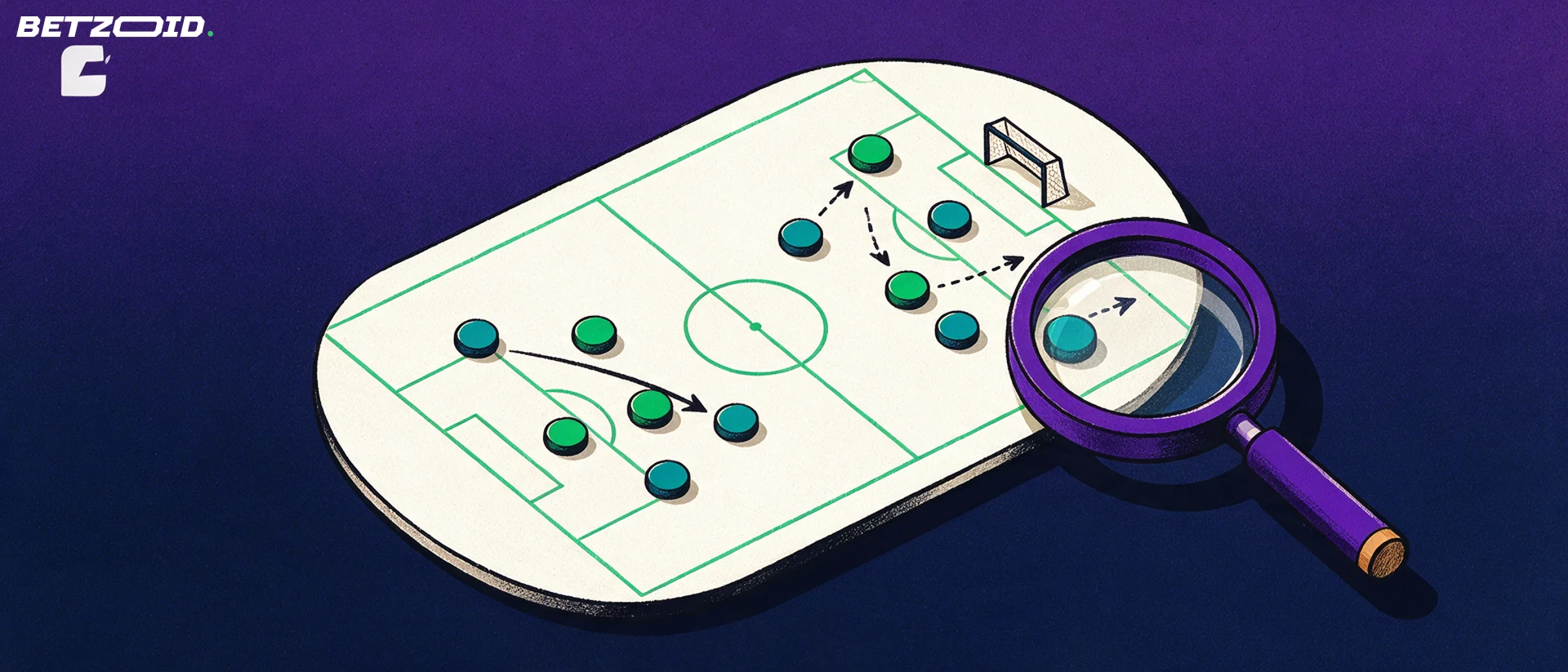 Ilustração de uma prancheta tática de futebol vista de cima com peças em duas formações, setas de movimento e uma lupa ampliando uma das peças.