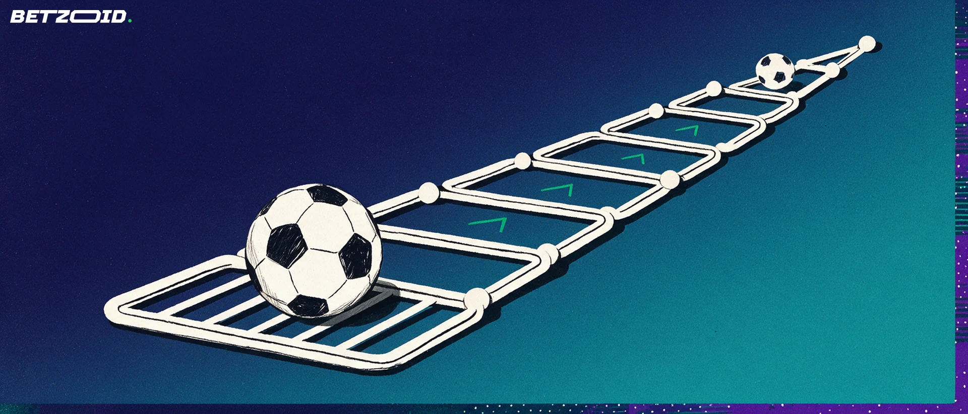 Ilustração de uma chave eliminatória de futebol em degraus, com uma bola grande na primeira fase e setas indicando o avanço até a fase final.