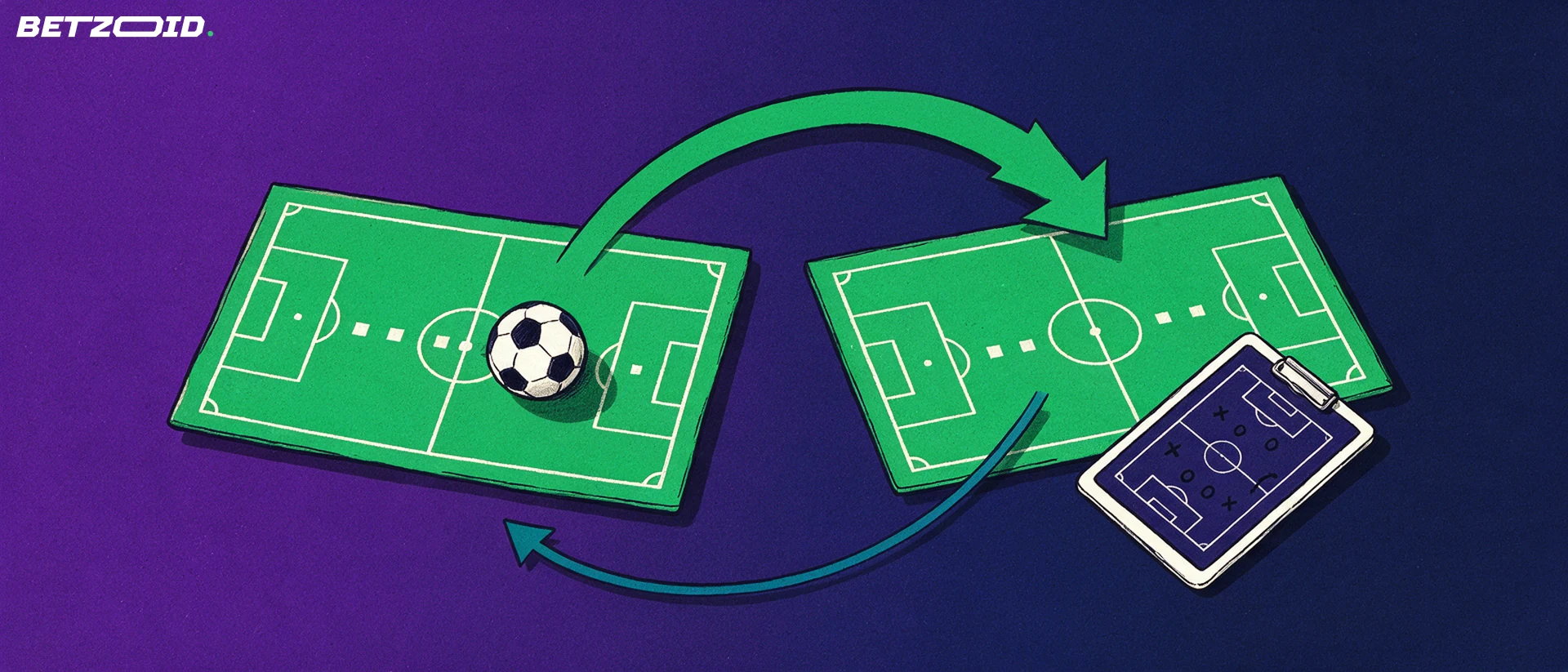 Ilustração vista de cima de dois campos de futebol lado a lado ligados por setas curvas, com uma bola e uma prancheta tática ao lado.