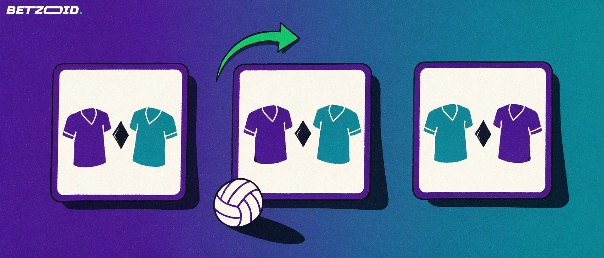 Ilustração com três cartões verticais de confrontos de futebol, camisas abstratas frente a frente, uma seta verde apontando para um dos lados e uma bola na base.