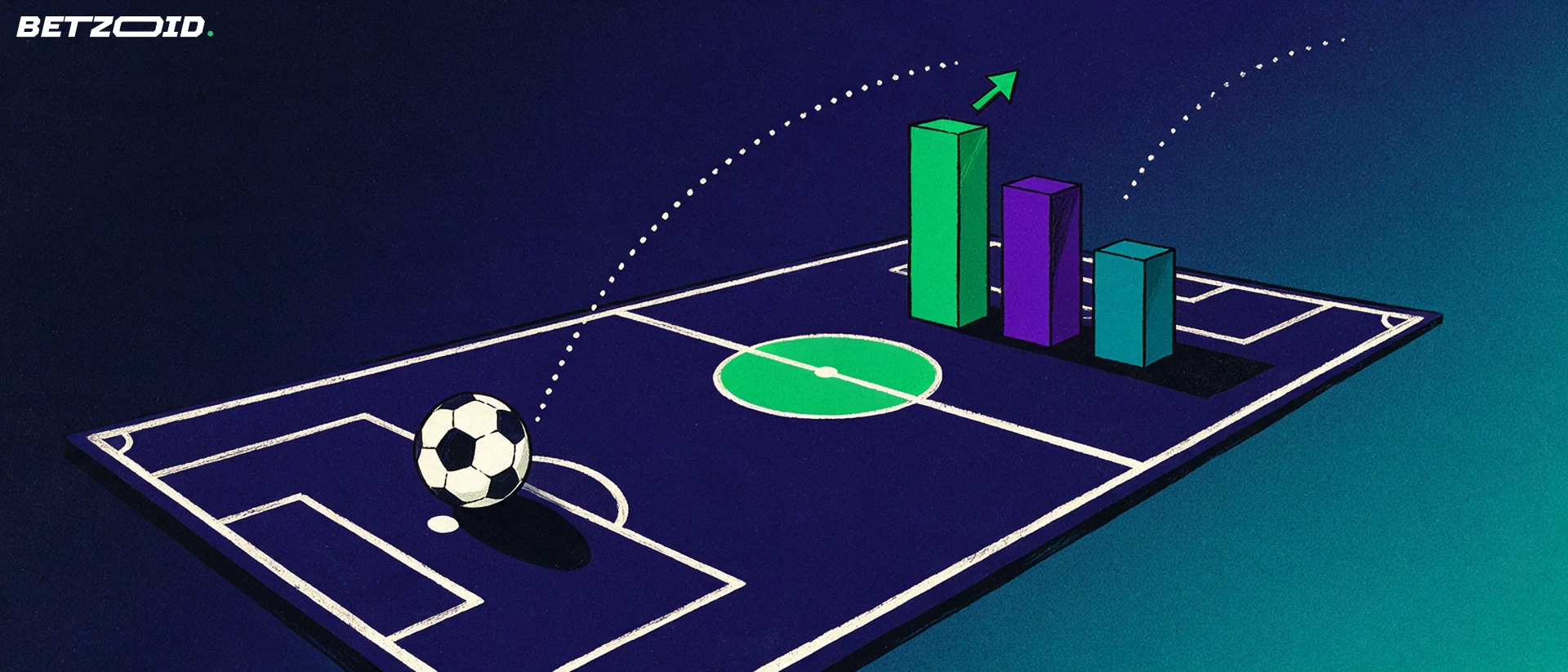 Illustration eines stilisierten Fußballfelds mit Ball auf dem Elfmeterpunkt und drei aufsteigenden Balkendiagramm-Säulen als Analysesymbol.