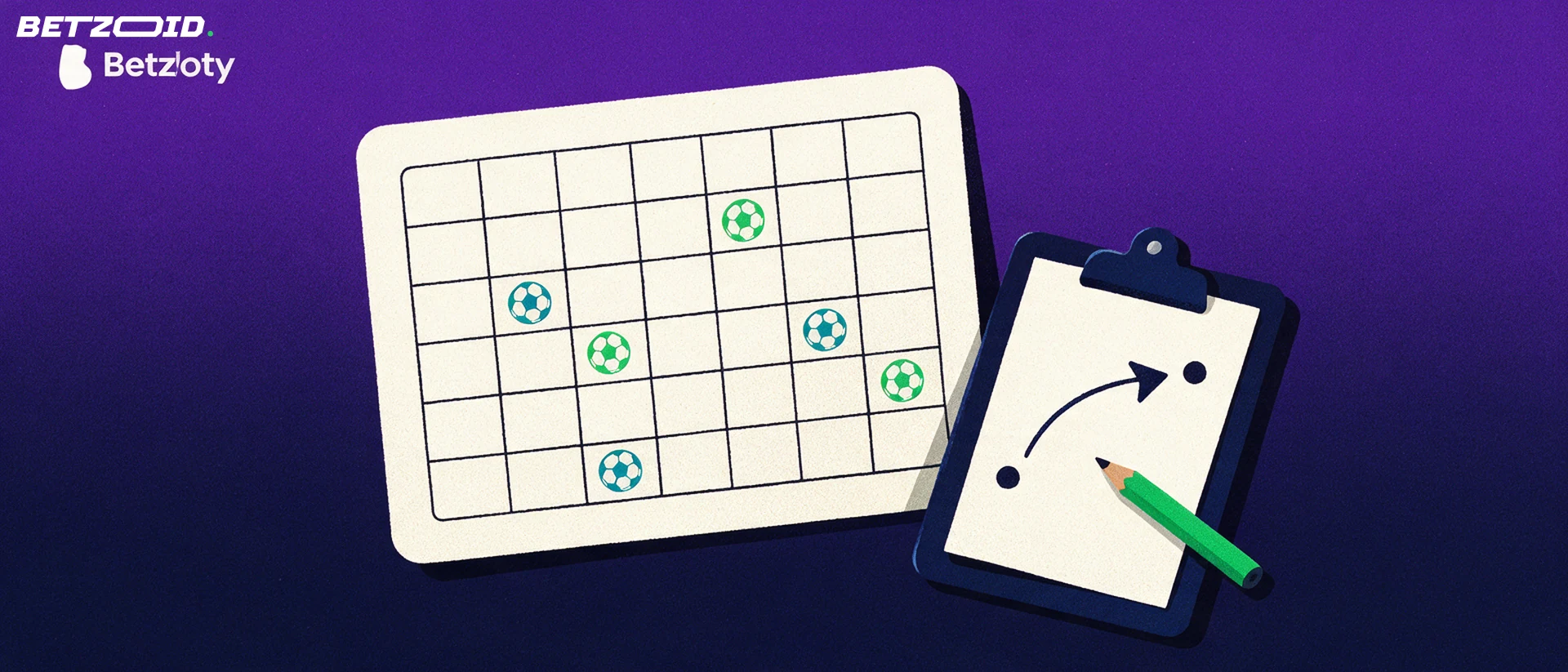 Illustration eines Wandkalenders mit Fußballsymbolen in einzelnen Feldern, davor ein Klemmbrett mit Taktikpfeil und Stift.