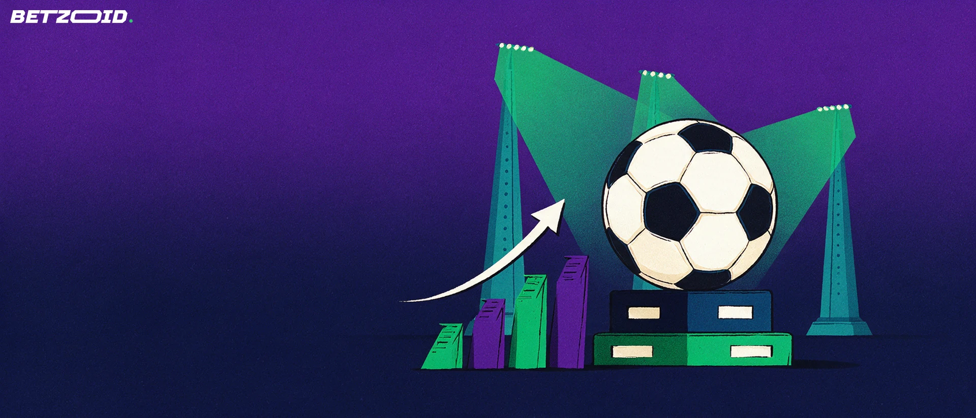 Illustration mit großem Fußball auf einem Sockel, drei Flutlichtmasten im Hintergrund und ansteigenden Balken mit Pfeil als Formkurve.